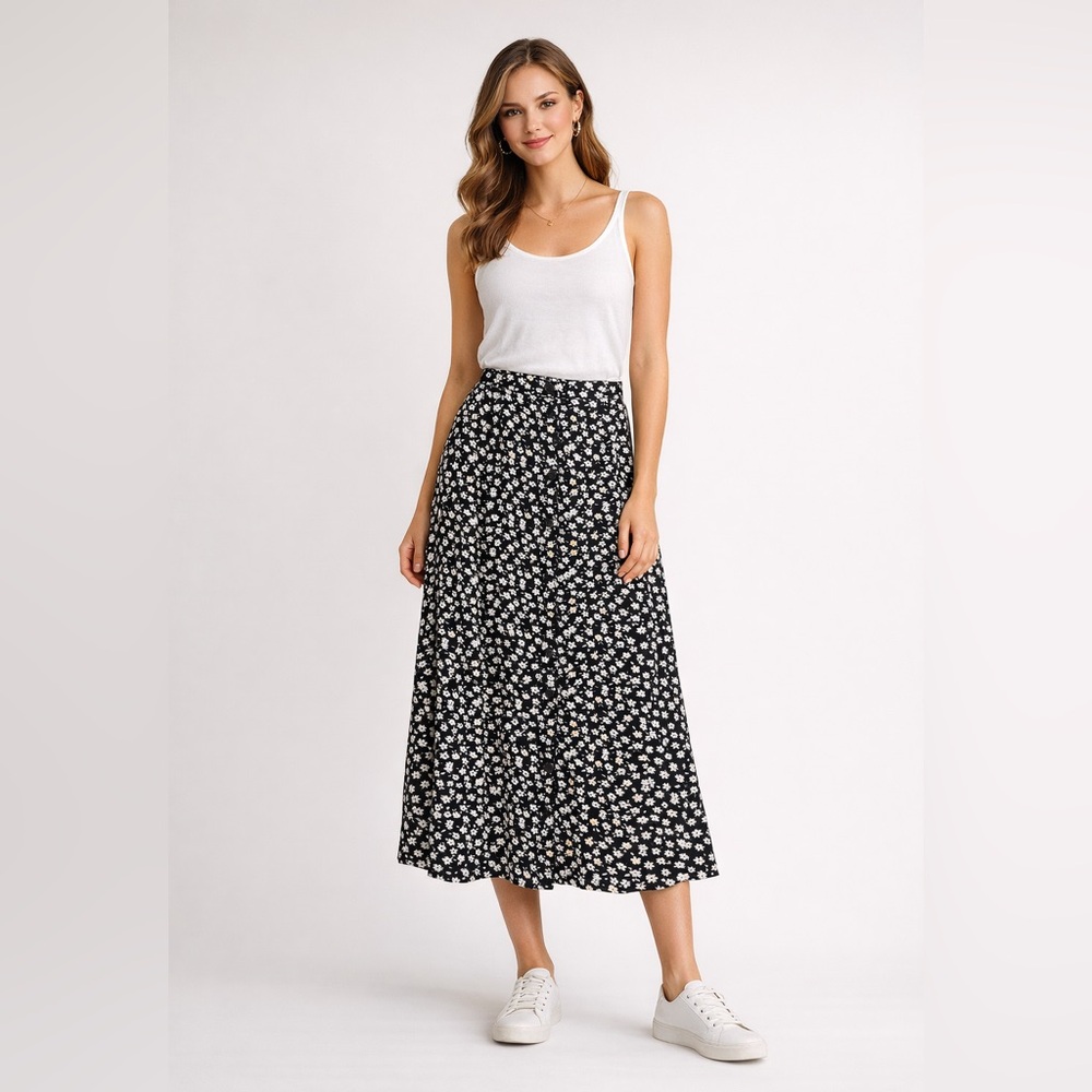 ✨ b.young Black Floral Button-Front Midi Skirt | Size 38 ✨